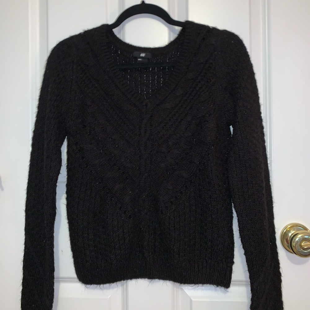 H&M Black V-Neck Sweater, Cable-Knit